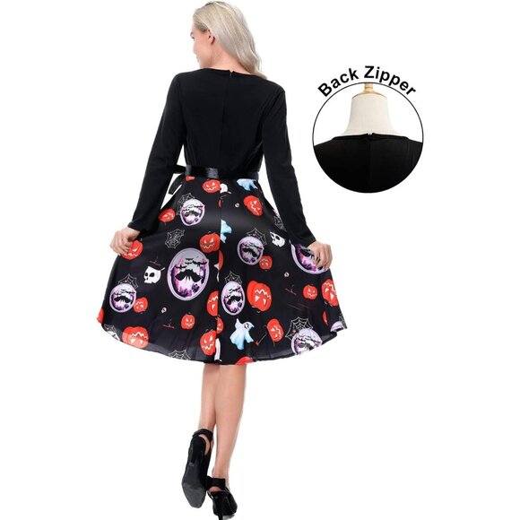 Womens Halloween Dresses Long Sleeve Cocktail Swing Dress Cosplay Party Costume - Picture 4 of 5